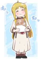 Rule 34 | 1girl, absurdres, ahoge, blonde hair, bocchi the rock!, casual, closed eyes, closed mouth, dress, eating, food, full body, happy, highres, holding, holding food, ijichi nijika, kawa nen, long hair, long sleeves, official alternate costume, side ponytail, sidelocks, smile, solo, standing, white dress