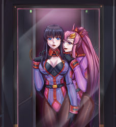Rule 34 | 2girls, black hair, blue eyes, breasts, cleavage, commentary request, corruption, dark persona, gloves, gundam, gundam 00, gundam seed, gundam seed destiny, hand on own chest, highres, lacus clyne, leebigtree, long hair, marina ismail, mirror, multiple girls, open mouth, pink hair, ponytail, reflection
