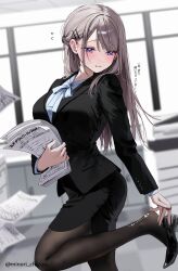 Rule 34 | 1girl, black footwear, black jacket, black pantyhose, black skirt, blue eyes, blurry, blush, breasts, chigusa minori, commentary request, depth of field, dress shirt, hair behind ear, hair ornament, hairclip, half updo, high heels, highres, indoors, jacket, large breasts, long hair, long sleeves, neck ribbon, office lady, pantyhose, parted lips, ribbon, saotome shino (shino to ren), shino to ren, shirt, skirt, solo, standing, standing on one leg, sweatdrop, torn clothes, torn pantyhose, translation request, twitter username, white ribbon, white shirt