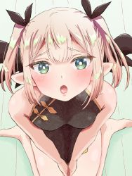Rule 34 | 1girl, absurdres, bare legs, bare shoulders, barefoot, blonde hair, blush, brandkojo, breasts, china dress, chinese clothes, collarbone, commentary request, demon girl, demon wings, dress, from above, green eyes, hair ribbon, highres, kneeling, looking up, microdress, open mouth, original, pointy ears, ribbon, small breasts, solo, tsurime, twintails, wings