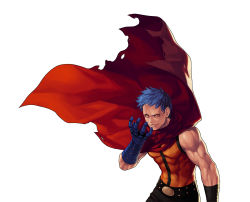 Rule 34 | 1boy, arm at side, bare shoulders, belt, biceps, black belt, black pants, blue gloves, blue hair, cape, commentary request, covered abs, cowboy shot, evilgun, floating cape, gloves, hand up, k9999, looking at viewer, male focus, orange shirt, pants, pectorals, red cape, red eyes, shirt, shirt tucked in, short hair, simple background, sleeveless, sleeveless shirt, smile, smirk, smug, solo, standing, studded belt, the king of fighters, toned, toned male, torn cape, torn clothes, white background