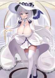 Rule 34 | 1girl, absurdres, azur lane, black footwear, blue eyes, blush, breasts, cleavage, clothes lift, collarbone, dress, dress lift, elbow gloves, elegant (sumisumi4268), gloves, highres, huge breasts, illustrious (azur lane), long hair, looking at viewer, mole, mole under eye, open mouth, sidelocks, solo, thighhighs, very long hair, white dress, white gloves, white hair, white headwear, white thighhighs