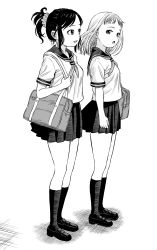 Rule 34 | 2girls, absurdres, arm at side, bag, blouse, breasts, carrying bag, carrying over shoulder, commentary request, from side, full body, greyscale, hair ornament, hair scrunchie, highres, kneehighs, loafers, looking at another, medium breasts, miniskirt, monochrome, multiple girls, neckerchief, open mouth, original, pleated skirt, ponytail, resolution mismatch, sailor collar, school bag, school uniform, scrunchie, serafuku, shirt, shoes, short hair, short sleeves, simple background, skirt, sleeve cuffs, socks, source smaller, standing, wadachitokakeru
