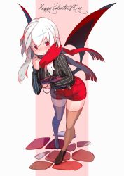 Rule 34 | 1girl, baal (shiomachi), bat wings, colored eyelashes, highres, original, pointy ears, red eyes, shiomachi, solo, thighhighs, white hair, wings