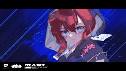 Rule 34 | 1girl, absurdres, blue archive, blue eyes, closed mouth, clothes writing, double bun, eyelashes, hair bun, highres, hood, hood up, hooded jacket, jacket, lips, looking at viewer, maki (blue archive), rain, red hair, shirt, short hair, sidelocks, solo, soyly 4, upper body, white shirt