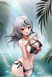 Rule 34 | 1girl, :d, bikini, black bikini, black hair, bow, breasts, fang, grey hair, hair ornament, hairclip, highres, holding, holding hair, hololive, large breasts, leaf, long hair, looking at viewer, multicolored hair, navel, open mouth, red bikini, red bow, red eyes, sakamata chloe, side-tie bikini bottom, smile, solo, stomach, streaked hair, sunano reona, swimsuit, virtual youtuber, wading, water, wet, x hair ornament