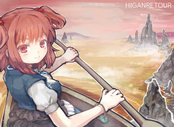 Rule 34 | 1girl, blush, boat, female focus, hair bobbles, hair ornament, looking back, onozuka komachi, paddle, red eyes, red hair, river, rock, short hair, smile, solo, touhou, twintails, two side up, watercraft, yamisawa