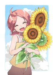 Rule 34 | 1girl, brown shorts, camisole, closed eyes, cloud, cowboy shot, flower, highres, holding, holding flower, leaf, luo xiaobai, open mouth, osushi templa, pink hair, short hair, shorts, smile, solo, sunflower, luo xiaohei zhanji, yellow camisole, yellow flower