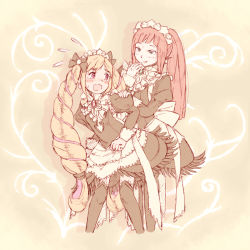 Rule 34 | 2girls, blonde hair, blush, breasts, brown hair, elise (fire emblem), felicia (fire emblem), female focus, fire emblem, fire emblem fates, gradient background, highres, long hair, maid, maid headdress, multiple girls, nintendo, open mouth, ponytail, smile, tears, third, twintails, very long hair