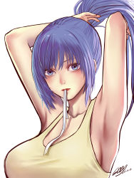 Rule 34 | 1girl, absurdres, armpits, arms behind head, arms up, blue eyes, blue hair, breasts, close-up, crop top, eddyho, hairband, hairband in mouth, high ponytail, highres, in mouth, large breasts, leona heidern, long hair, looking at viewer, ponytail, solo, tank top, the king of fighters, the king of fighters xiv, toned, tying hair, upper body