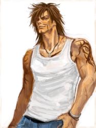 Rule 34 | 00s, 1boy, alternate costume, arisue kanako, brown eyes, brown hair, denim, facial hair, final fantasy, final fantasy x, hand on own hip, jeans, jecht, long hair, looking at viewer, male focus, messy hair, muscular, pants, scar, smirk, solo, tank top, tattoo, white background