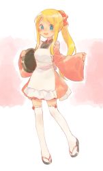 Rule 34 | 1girl, :d, alternate costume, apron, arms at sides, arms up, black footwear, blonde hair, blue eyes, blush, breasts, dot nose, dress, eyelashes, fingernails, flip-flops, frilled apron, frills, full body, fullmetal alchemist, gradient background, hair ribbon, high ponytail, highres, japanese clothes, kimono, long hair, looking away, medium breasts, open mouth, pink background, pink dress, pink kimono, pink ribbon, ponytail, ribbon, ribbon-trimmed legwear, ribbon trim, sandals, short dress, short kimono, shyh yue, sidelocks, simple background, sleeves past wrists, smile, solo, standing, standing on one leg, straight hair, thighhighs, tray, waitress, white apron, white background, white thighhighs, wide sleeves, winry rockbell, zettai ryouiki