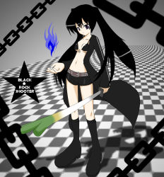 Rule 34 | 10s, 1girl, aura, bad id, bad pixiv id, belt, bikini, bikini top only, black bikini, black hair, black rock shooter, black rock shooter (character), boots, breasts, chain, checkered floor, cleavage, coat, front-tie top, highres, jacket, katana, knee boots, long hair, midriff, mocchisake, navel, purple eyes, short shorts, shorts, small breasts, solo, spring onion, star (symbol), staring, swimsuit, sword, themed object, twintails, underboob, uneven twintails, very long hair, weapon