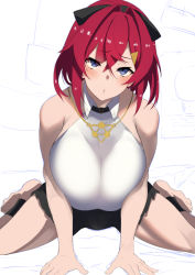 Rule 34 | 1girl, alternate breast size, ange katrina, ange katrina (2nd costume), bare shoulders, barefoot, blue eyes, breasts, breasts squeezed together, huge breasts, looking at viewer, nijisanji, nuezou, parted lips, red hair, short shorts, shorts, solo, spread legs, unfinished, virtual youtuber