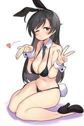 Rule 34 | 1girl, absurdres, animal ears, between breasts, bikini, black bikini, black eyes, black footwear, black hair, blowing kiss, breasts, buta-don, commentary request, commission, detached collar, girls und panzer, grey necktie, high heels, highres, isuzu hana, large breasts, necktie, necktie between breasts, one eye closed, playboy bunny swimsuit, rabbit ears, rabbit tail, simple background, solo, swimsuit, tail, white background, wrist cuffs