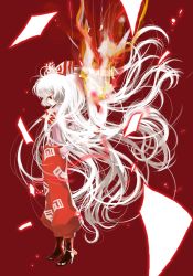 Rule 34 | 1girl, bow, cocco-saco, female focus, floating hair, flying paper, fujiwara no mokou, full body, hair bow, hand in pocket, long hair, looking down, paper, profile, red eyes, solo, standing, touhou, very long hair, white hair