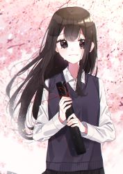 Rule 34 | 1girl, artist name, bad id, bad pixiv id, black eyes, black hair, blush, cherry blossoms, collared shirt, crying, day, diploma, graduation, highres, holding, long hair, long sleeves, looking at viewer, original, outdoors, parted lips, patzzi, red ribbon, ribbon, school uniform, shirt, solo, sweater vest, upper body, white shirt