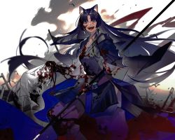 Rule 34 | 1girl, animal ears, arknights, beads, blood, blood on clothes, blood on face, blood splatter, bracelet, dog ears, highres, holding, holding weapon, jewelry, lirensheng, long hair, monk, purple eyes, purple hair, saga (arknights), solo, very long hair, weapon