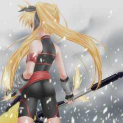 Rule 34 | 1girl, arm strap, armor, ass, bardiche (nanoha), bardiche (zanber form) (nanoha), bare shoulders, belt, belt bra, belt skirt, black gloves, blonde hair, bodysuit, buckle, elbow gloves, energy sword, fate testarossa, fate testarossa (sonic form), fingerless gloves, from behind, gauntlets, gloves, hair ribbon, holding, holding weapon, huge weapon, leotard, long hair, looking to the side, lyrical nanoha, magical girl, mahou shoujo lyrical nanoha, mahou shoujo lyrical nanoha a&#039;s, red eyes, ribbon, shinozuki takumi, sidelocks, skin tight, solo, sword, turtleneck, twintails, unitard, very long hair, weapon