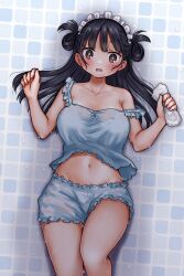 Rule 34 | 1girl, bare shoulders, blue hair, blue shorts, blush, boku no kokoro no yabai yatsu, brown eyes, camisole, collarbone, dark blue hair, frilled camisole, frilled shorts, frills, hands up, highres, holding, holding sponge, long hair, looking at viewer, lowleg, lowleg shorts, lying, maid headdress, navel, on back, on floor, open mouth, shorts, solo, sponge, strap slip, thigh gap, thighs, tile floor, tiles, two side up, underwear, underwear only, wet, wet clothes, yamada anna, zeroasann
