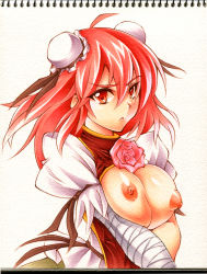 Rule 34 | 1girl, :&lt;, annoyed, bandages, breast press, breasts, breasts out, bun cover, calnarsa, chinese clothes, double bun, female focus, flower, frown, ibaraki kasen, large breasts, marker (medium), millipen (medium), nipples, painting (medium), red eyes, red hair, rose, solo, touhou, traditional media, upper body, watercolor (medium)