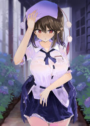 Rule 34 | 1girl, bird wings, black skirt, black wings, breasts, brown hair, bush, collared shirt, commentary request, cowboy shot, drying, drying hair, flower, hair between eyes, highres, hydrangea, large breasts, long hair, looking at viewer, miniskirt, outdoors, parted lips, plant, pointy ears, pom pom (clothes), purple flower, puuakachan, red eyes, ribbon-trimmed clothes, ribbon trim, see-through, shameimaru aya, shirt, short sleeves, skirt, solo, touhou, towel, towel on head, wet, wet clothes, white shirt, wing collar, wings