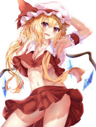 Rule 34 | 1girl, aged up, alternate breast size, arm behind head, arm garter, armpits, ascot, blonde hair, breasts, cleavage, collarbone, commentary request, crystal, flandre scarlet, hat, kaeranu kaeru, large breasts, long hair, looking at viewer, midriff, mob cap, navel, open mouth, red eyes, red skirt, side ponytail, simple background, skirt, solo, thighs, touhou, underboob, white background, white hat, wings, yellow ascot