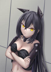 Rule 34 | 1girl, absurdres, against wall, android, bare shoulders, black collar, black hair, breasts, cleavage, closed mouth, collar, commentary, crossed arms, crossed bangs, frown, girls&#039; frontline, hair between eyes, headgear, highres, judge (girls&#039; frontline), long hair, looking at viewer, mechanical arms, medium breasts, navel, pi4 pi yo, sangvis ferri, solo, very long hair, yellow eyes