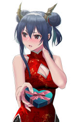 Rule 34 | 1girl, absurdres, arknights, bare arms, bare shoulders, blue hair, blush, bow, box, breasts, brown eyes, ch&#039;en (ageless afterglow) (arknights), ch&#039;en (arknights), china dress, chinese clothes, cleavage, cleavage cutout, clothing cutout, commentary request, double bun, dragon girl, dragon horns, dress, embarrassed, gift, gou d, hair bun, hand on own neck, hand up, heart-shaped box, highres, holding, holding gift, horns, looking away, looking to the side, medium breasts, nose blush, official alternate costume, open mouth, pink bow, pov, red dress, short hair with long locks, sidelocks, sleeveless, sleeveless dress, solo