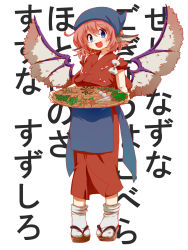 Rule 34 | 1girl, :d, ahoge, animal ears, basket, blue eyes, bow, commentary, food, full body, head scarf, highres, iwaserie, looking at viewer, mystia lorelei, okamisty, open mouth, pink hair, radish, sandals, short hair, short sleeves, smile, socks, solo, text background, text focus, touhou, translation request, turnip, vegetable, wall of text, white background, white bow, white socks, wings