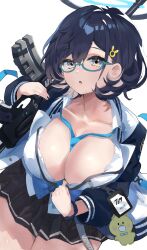 Rule 34 | 1girl, absurdres, aqua-framed eyewear, assault rifle, between breasts, black skirt, blue archive, blue cardigan, blue hair, blue necktie, breasts, cardigan, charm (object), chihiro (blue archive), cleavage, collarbone, commentary request, dx (xxer4838), from above, glasses, grey eyes, gun, hair between eyes, hair ornament, halo, highres, holding, holding gun, holding weapon, id card, jacket, lanyard, large breasts, long sleeves, looking at viewer, h&amp;k hk416, multicolored clothes, multicolored jacket, necktie, necktie between breasts, open clothes, open mouth, over shoulder, partial commentary, partially unbuttoned, pleated skirt, rabbit hair ornament, rifle, semi-rimless eyewear, shirt, short hair, sidelocks, simple background, sitting, skirt, solo, swept bangs, two-tone jacket, under-rim eyewear, watch, weapon, weapon over shoulder, white background, white shirt, wristwatch
