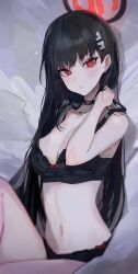 Rule 34 | 1girl, black bra, black collar, black hair, black halo, black panties, blanc (whit blanc), blue archive, blurry, blush, bra, breasts, cleavage, collar, commentary, depth of field, earrings, hair behind ear, hair ornament, hairpin, halo, highres, jewelry, knee up, large breasts, long hair, looking at viewer, midriff, navel, panties, parted lips, red eyes, red halo, rio (blue archive), sketch background, solo, stomach, stud earrings, underwear