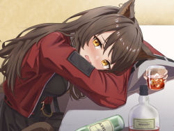 Rule 34 | 1girl, alcohol, animal ears, arknights, black shirt, black skirt, blush, brown hair, cat ears, crying, crying with eyes open, cup, head rest, holding, holding cup, jacket, long hair, looking at viewer, open mouth, pleated skirt, red jacket, shironekoban, shirt, skirt, skyfire (arknights), solo, tears, whiskey, wide sleeves, yellow eyes