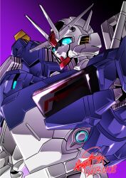 Rule 34 | blue eyes, dated, glowing, glowing eyes, gradient background, gundam, gundam aerial rebuild, gundam suisei no majo, looking ahead, mecha, mobile suit, no humans, robot, science fiction, signature, solo, upper body, v-fin, zzz sakaz
