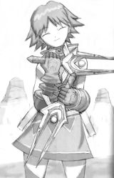 Rule 34 | .hack//, .hack//games, 1girl, ^ ^, ahoge, arm garter, artist request, bandai, closed eyes, cyber connect 2, dual wielding, gloves, greyscale, holding, monochrome, natsume (.hack//), rock, shield, short hair, simple background, skirt, smile, solo, weapon, white background