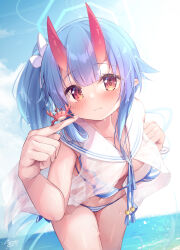 Rule 34 | 1girl, :o, beach, bikini, blue archive, blue bikini, blue hair, blue halo, blush, breasts, chise (blue archive), chise (swimsuit) (blue archive), collarbone, crab, e-note, halo, highres, horns, long hair, looking at viewer, loose bikini, nose blush, official alternate costume, oni, oni horns, outdoors, parted lips, pink eyes, ribbon, sailor bikini, sailor collar, side ponytail, small breasts, solo, squatting, striped bikini, striped clothes, swimsuit, thighs, toes, upper body, very long hair, water, white ribbon, white sailor collar, wrist ribbon