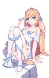 Rule 34 | 1girl, absurdres, antenna hair, aqua eyes, arm at side, bare shoulders, blonde hair, blue eyes, blue ribbon, blush, breasts, cleavage, collarbone, commentary request, detached sleeves, dress, eyelashes, frilled sleeves, frills, full body, hair between eyes, hair ornament, hair ribbon, hand up, highres, holding, knees together feet apart, long hair, looking at viewer, medium breasts, one side up, open mouth, orb, original, panties, pantyshot, parted lips, pelvic curtain, ribbon, simple background, sitting, sleeveless, sleeveless dress, small breasts, solo, teeth, thighhighs, underwear, upskirt, very long hair, white background, white dress, white panties, white thighhighs, yuwan 2333
