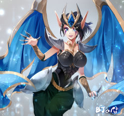 Rule 34 | 1girl, alternate costume, alternate hairstyle, armor, armored dress, artist request, black hair, blue eyes, boobplate, breastplate, breasts, happy, large breasts, league of legends, morgana (league of legends), pointy ears, ponytail, solo, victorious morgana, wings