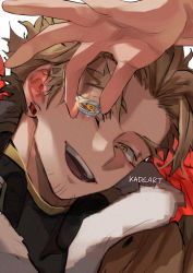 Rule 34 | 1boy, artist name, blonde hair, boku no hero academia, commentary, earrings, english commentary, facial hair, facial mark, feathered wings, fur-trimmed jacket, fur trim, hawks (boku no hero academia), head tilt, holding, holding jewelry, holding ring, jacket, jewelry, kadeart, looking at viewer, male focus, open mouth, paid reward available, red wings, paid reward available, ring, short hair, smile, solo, stubble, symbol-only commentary, teeth, upper teeth only, wings, yellow eyes