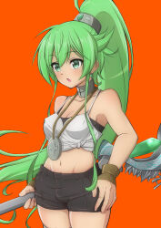 Rule 34 | 1girl, absurdres, black shorts, bracelet, breasts, camisole, cleavage, collar, commentary request, covered erect nipples, cowboy shot, duel monster, green eyes, green hair, groin, high ponytail, highres, holding, holding staff, jewelry, long hair, medium breasts, midriff, navel, pendant, short shorts, shorts, solo, spaghetti strap, staff, very long hair, white camisole, winda (yu-gi-oh!), winda 4n96, winda priestess of gusto, yu-gi-oh!