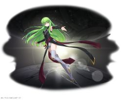 Rule 34 | 1girl, absurdres, black background, black dress, black sleeves, boots, c.c., code geass, counter:side, detached sleeves, dress, floating hair, full body, green hair, highres, leg up, lens flare, long hair, looking at viewer, official art, order of the black knights uniform, outstretched arm, outstretched hand, parted lips, planet, short shorts, shorts, solo, space, star (sky), tachi-e, teeth, thigh boots, transparent background, very long hair, white footwear, white shorts, yellow eyes