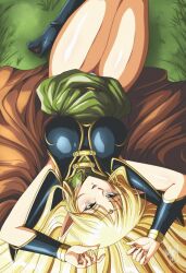 Rule 34 | 1990s (style), 1girl, absurdres, armor, blonde hair, boots, breastplate, cape, circlet, danmakuman, deedlit, dress, elf, grass, green dress, green eyes, high heel boots, high heels, highres, long hair, long pointy ears, looking at viewer, pauldrons, pointy ears, record of lodoss war, retro artstyle, shoulder armor, smile, solo, thick thighs, thighs, very long hair