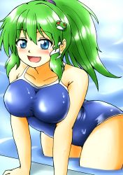 Rule 34 | 1girl, blue eyes, blue one-piece swimsuit, breasts, collarbone, competition school swimsuit, competition swimsuit, d-m (dii emu), frog hair ornament, green hair, hair ornament, hair tubes, highres, kochiya sanae, long hair, one-piece swimsuit, open mouth, ponytail, poolside, school swimsuit, smile, snake hair ornament, solo, swimsuit, touhou, water, wet