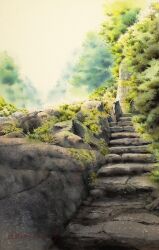 Rule 34 | dappled sunlight, day, forest, highres, moss, nature, no humans, original, painting (medium), path, plant, road, scenery, shimizu megumi (m acquerello), stairs, sunlight, traditional media, tree, watercolor (medium)