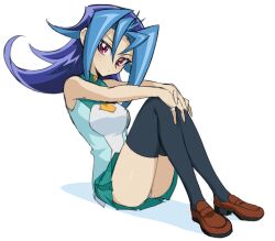 1girl bare_shoulders black_thighhighs blue_hair full_body green_shirt green_skirt kamishiro_rio knhrpnkt long_hair miniskirt panties pleated_skirt purple_eyes shirt simple_background skirt solo thighhighs underwear white_background white_panties yu-gi-oh! yu-gi-oh!_zexal