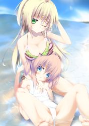 Rule 34 | 2girls, armpits, bad id, bad pixiv id, barefoot, beach, bikini, blonde hair, blue eyes, blush, bra, breast rest, breasts, breasts on head, brown hair, casual one-piece swimsuit, cleavage, collarbone, day, expressionless, feet, foreshortening, frilled bikini, frills, green eyes, holding hands, legs, long hair, looking at viewer, multiple girls, naoya come, ocean, one-piece swimsuit, one eye closed, original, partially submerged, short hair, side-tie bikini bottom, small breasts, smile, spread legs, swimsuit, toes, twintails, underwear, white one-piece swimsuit, wink