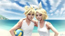 Rule 34 | 1boy, 1girl, arm around neck, arm around waist, ball, bikini, bikini under clothes, blonde hair, blue sky, brother and sister, cloud, day, deviantart username, facebook username, gohpot, grin, hair ornament, hair ribbon, hairclip, hand on another&#039;s shoulder, highres, holding, holding ball, image sample, kagamine len, kagamine rin, ocean, ponytail, ribbon, siblings, signature, sky, smile, sunlight, swimsuit, swimsuit under clothes, tank top, twins, v-neck, vocaloid, volleyball (object), watermark, web address