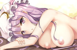 Rule 34 | 1girl, breasts, close-up, crescent, dakimakura (medium), hat, large breasts, long hair, lying, mob cap, nakatokung, nipples, nude, on side, patchouli knowledge, purple eyes, purple hair, solo, touhou