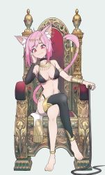 Rule 34 | 1girl, absurdres, animal ear fluff, animal ears, anklet, armband, bikini, breasts, cat ears, cat girl, cat tail, choker, cleavage, commentary, detached sleeves, earrings, english commentary, full body, highres, hoop earrings, jewelry, kiritzugu, looking at viewer, original, pink eyes, pink hair, short hair, single thighhigh, sitting, solo, swimsuit, tail, thighhighs, throne
