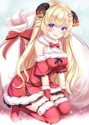 Rule 34 | 1girl, :d, adapted costume, ahoge, animal ears, bare shoulders, black skirt, blonde hair, blue eyes, blush, bow, bowtie, braid, breasts, christmas, detached sleeves, dress, fur-trimmed dress, fur-trimmed gloves, fur-trimmed sleeves, fur trim, gift bag, gloves, hair ornament, hairclip, half updo, highres, hololive, horn bell, horn ornament, horns, kneeling, large breasts, long hair, looking at viewer, miniskirt, no shoes, open mouth, parted lips, pleated skirt, purple eyes, red bow, red bowtie, red dress, red gloves, red thighhighs, santa costume, santa dress, sheep ears, sheep girl, sheep horns, short dress, short sleeves, skirt, sleeveless, sleeveless dress, smile, solo, thighhighs, tsunomaki watame, tsunomaki watame (1st costume), very long hair, virtual youtuber, yuano